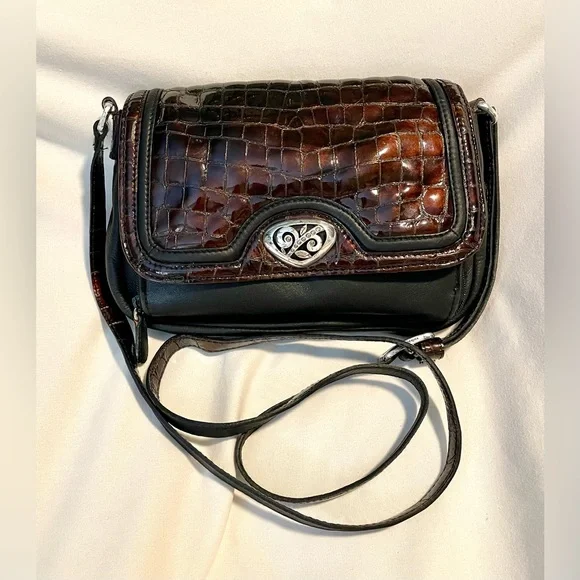 *VINTAGE* Brighton Crossbody Purse/Bag - Patent Leather Croc- Brown/Black - Picture 1 of 15